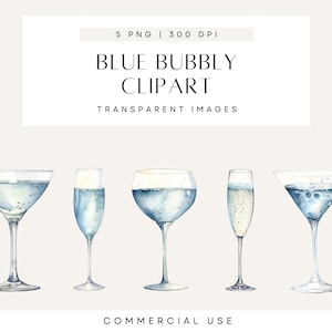 Clipart cocktail blu, Clipart bicchieri da champagne, Clip art di celebrazione, Baby shower ad acquerello per un bambino, PNG trasparente, uso commerciale