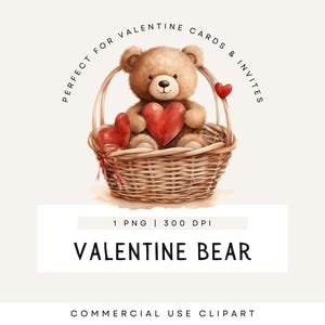 Clipart di orso nel cestino, simpatico orsetto che tiene un cuore, arte per biglietti di San Valentino, download singolo, uso commerciale, PNG trasparente neutro