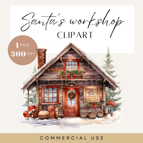 Santa Workshop Clipart, Cute Christmas Clip Art, Winter Cabin, Xmas Watercolor, Elf Character, Neutral Boho, Transparent PNG, Commercial Use