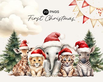 Baby&#39;s First Christmas Clipart, Must Haves For Baby Shower, Safari Animals, Zoo Animal, Gender Neutral, Commercial Use, Transparent PNG