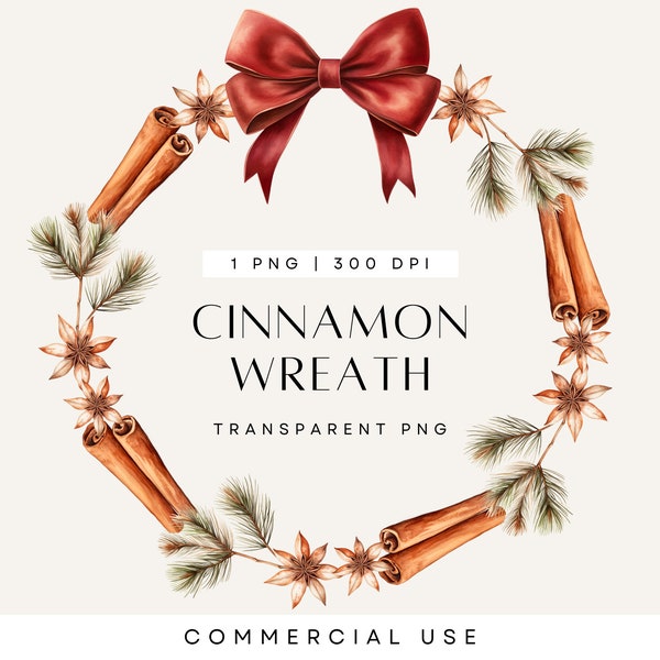 Christmas Wreath PNG, Watercolor Clipart, Holiday Wreaths, Cinnamon, Pine, Aniseed, Bow, Digital Download, Commercial Use, Transparent PNG