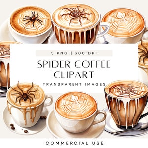 Clipart de café de Halloween, Clipart de bebidas em aquarela, Arte de aranha com leite, Caneca de café assustadora, Estética de amante de café, Teia de aranha, Uso comercial