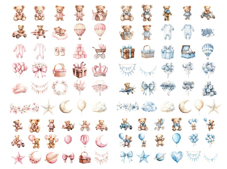 Watercolor Teddy Bear Clipart BUNDLE, Neutral Boho Nursery, Baby Shower ...
