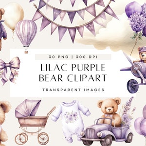 Clipart de acuarela de oso de peluche lila, ositos de peluche sosteniendo globos, invitación de baby shower morada, uso comercial, PNG transparente