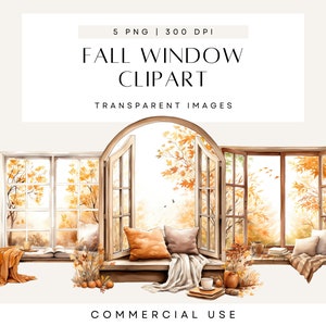 Watercolor Autumn Window Clipart, Fall Home Decor, Cosy Illustrations, Clipart Bundle, Commercial Use, Transparent PNG, Neutral Boho