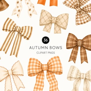 May include: A collection of 36 digital illustrations of bows in various shades of brown, orange, and cream. The bows feature diverse patterns including stripes, gingham, plaid, and solid colors. Text in the center reads 36 AUTUMN BOWS CLIPART PNGS.