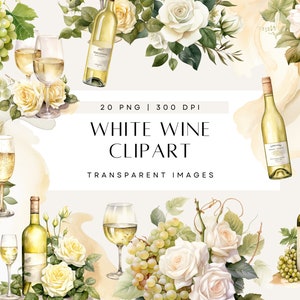 White Wine Clipart, Bottle Clip Art, Grapes, Glasses, Floral, Watercolor Wash, Scrapbooking, Wedding Invite, Transparent PNG, Commercial Use