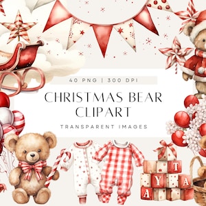 Clipart de aquarela de urso de Natal, ursos de pelúcia de bengala doce, chá de bebê festivo, urso vermelho com balões, uso comercial, PNG transparente