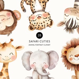Clipart di animali da safari / Ritratti ad acquerello PNG, Baby shower con simpatici animali, Decorazioni per cameretta dei bambini in stile boho, Giraffa, Elefante, Leone, Scimmia, Zebra, Ghepardo