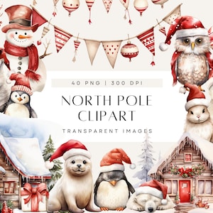 Imágenes prediseñadas del Polo Norte, paquete de acuarela de un país de las maravillas invernal, pingüino con gorro de Papá Noel, oso polar, animales del Ártico, uso comercial, PNG transparente