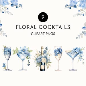 Blaue Blumen-Cocktail Clipart, Champagner-Gläser, Feier Clip Art, Aquarell Babyparty für einen Jungen, transparente PNG, kommerzielle Nutzung