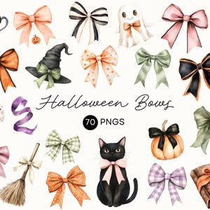 Pode incluir: Ilustrações em aquarela de laços com tema de Halloween em várias cores e padrões. Inclui laços, um chapéu de bruxa, um gato preto, um fantasma, uma abóbora e um livro. O texto "Halloween Bows" e "70 PNGS" também estão presentes.