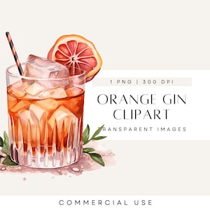 Clipart boisson signature, orange sanguine, cocktail au gin, signe de mariage, clipart alcool, illustration de boisson, PNG transparent, usage commercial