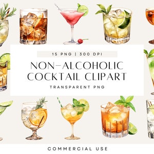 Clipart di bevande analcoliche, cocktail nuziali ad acquerello, drink esclusivi, menu di cocktail per lui e per lei, PNG trasparenti, uso commerciale