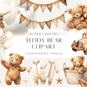 Clipart di orsacchiotto per baby shower, orsacchiotti marroni che tengono palloncini, clipart acquerello di genere neutro, uso commerciale, PNG trasparente