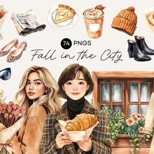 May include: Watercolor illustration with the text "Fall in the City" featuring fall-themed items. Includes a bouquet of flowers, a newspaper, a slice of pie, a coffee, a beanie, a cinnamon roll, boots, a candle, earrings, a perfume bottle, sunglasses, and leopard print flats.