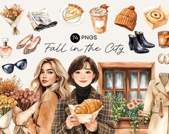 May include: Watercolor illustration with the text "Fall in the City" featuring fall-themed items. Includes a bouquet of flowers, a newspaper, a slice of pie, a coffee, a beanie, a cinnamon roll, boots, a candle, earrings, a perfume bottle, sunglasses, and leopard print flats.