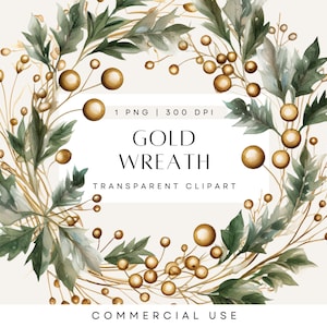 Winter Greenery Clipart, Boho Watercolor Wreath, Gold Foliage, Wreaths Wedding Invite, Modern Invitation, Transparent PNG, Commercial Use
