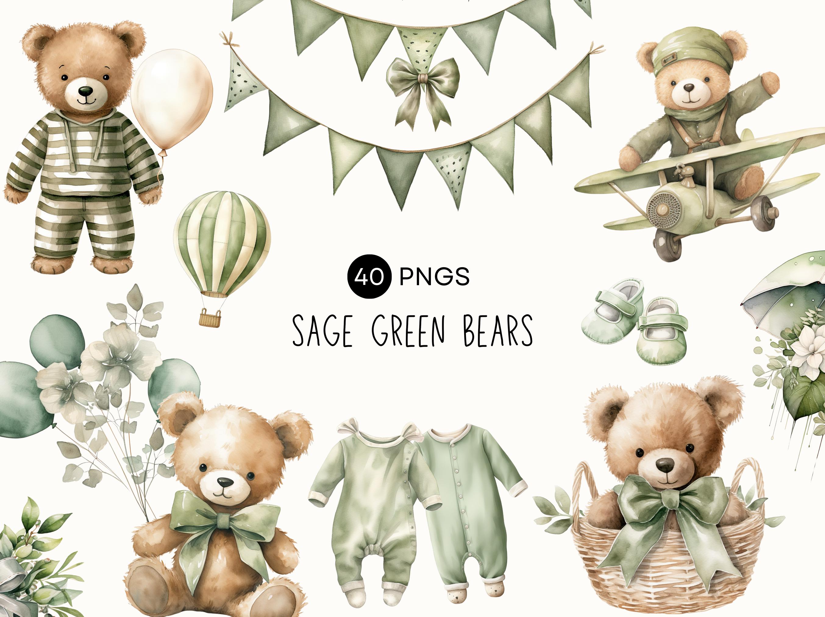Sage Green Baby Shower Clipart, Gender Neutral Teddy Bear, Bear With ...