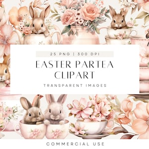 Clipart paasthee, schattige paashaas, roze theekransje, paaspartea, aquarel high tea, blush roze bloemen, theetijdset, afternoon tea