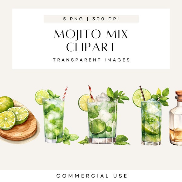 Mojito Clipart, White Rum Mint Cocktail, Watercolor Drink, Wedding Bar Sign, Signature Drinks, His and Hers, Commercial Use, Transparent PNG