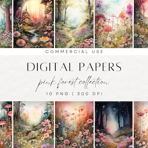 Papier numérique féerique fantastique, arrière-plan aquarelle de scrapbooking, jardin de fées roses, forêt enchantée, forêt florale, champignons magiques