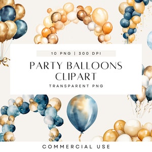 Clipart Blau Gold Ballon, Clip Art Aquarell Luftballons, Ballonbögen, Blau Geburtstag, Gold Party-Einladung, Kommerzielle Nutzung, PNG