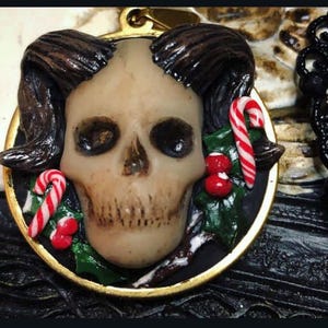 Krampus Skull Horns Creepmas Goth Pendant with Holly & Candy Cane MADE TO ORDER