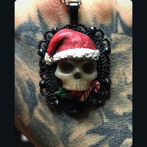 Santa Hat Skull Creepmas Goth Pendant with Holly and Candy Cane can be an Ornament or Worn