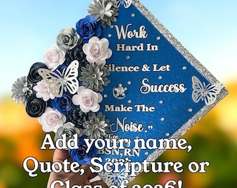 Floral Graduation Cap Topper | Custom Name, School Colors, Glitter Base
