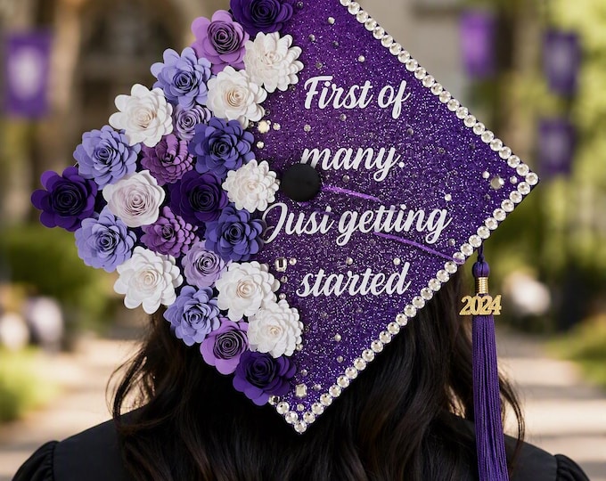 Handmade Purple Floral Graduation Cap Topper | Glitter, Rhinestones, First Gen Grad