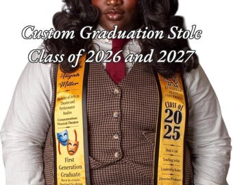 May include: A custom gold graduation stole with black trim, featuring the text Aliyah Miller, Bachelor of Arts in Theatre and Performance Studies, First Generation Graduate, Kennesaw State University, Class of 2025, Dean's List, and President.