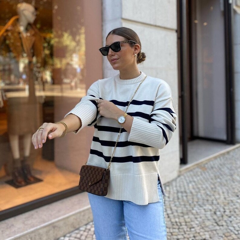 Black White Striped Irregular Collar Off Shoulder Pullover Women Long Sleeve Sweater