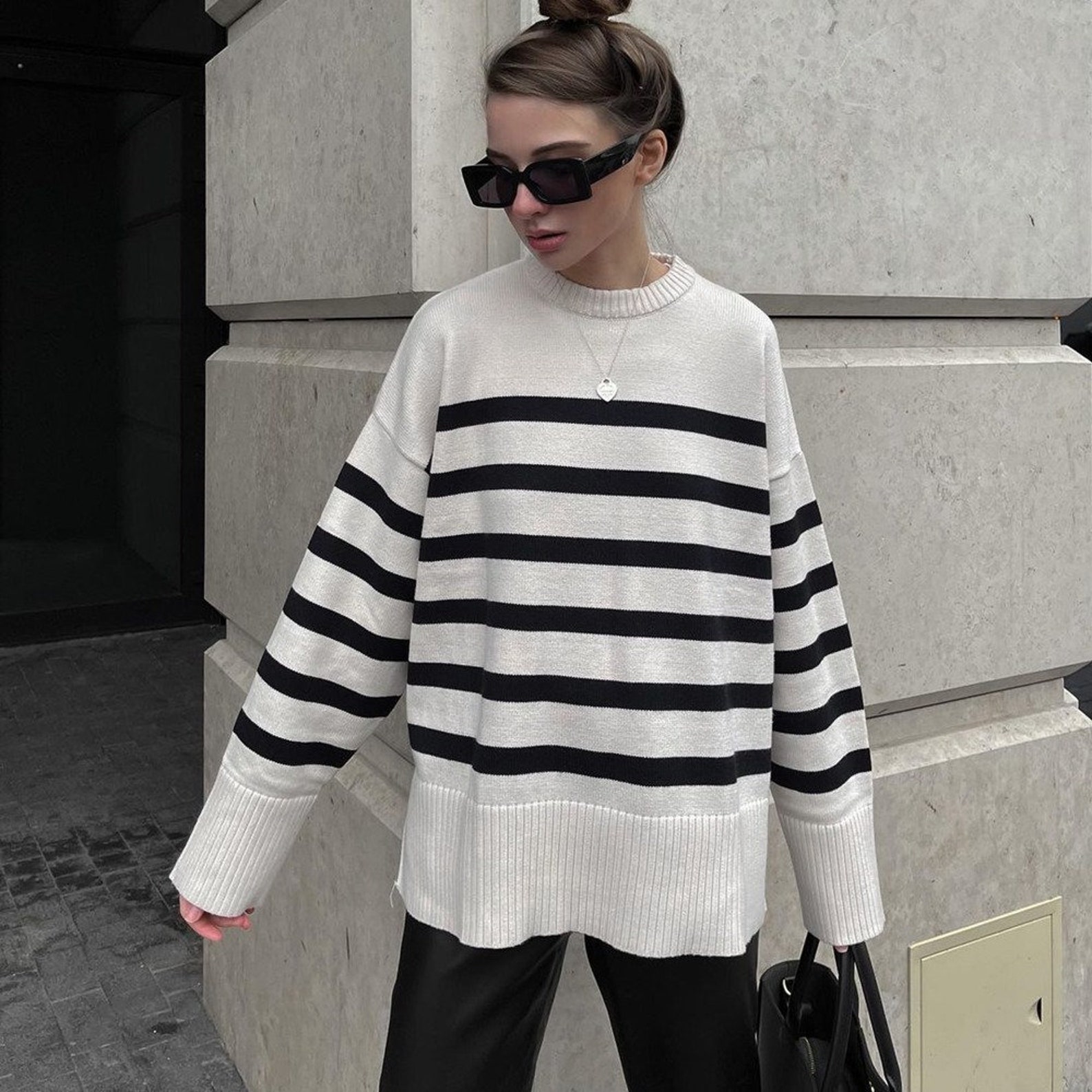 Sweaters Long Sleeve Crew Striped Oversized Knitted Pullover Tops
