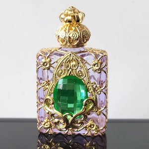 Perfume Bottle with Uranium Glass Cabochon Czech Purple Glass Bottle Filigree Gold Tone Art Deco Collectible Glass Vial