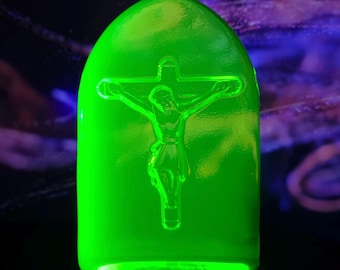 Uranium Glass Jesus Figurine Vaseline Yellow Glass Art Deco Collectible Religious Statue