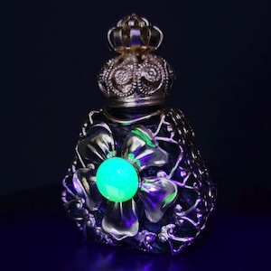 Art Deco Bottle for Perfume Czech Glass Uranium Glass Cabochon Gold Tone Filigree Small Collectiable Glass Perfume Bottle