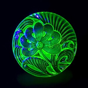 May include: A round, glowing green glass object with a floral design. The intricate pattern features a central flower surrounded by swirling leaves and petals. The glass has a textured surface and is illuminated with a bright green light, with hints of blue.