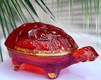Turtle Selenium Glass Trinket Box Red Uranium Glass Collectible Figurine Art Glass Bohemian Glass Art Deco Jewelry Box