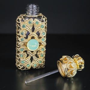 Czech Glass Perfume Bottle with Uranium Cabochon Gold Tone Filigree Art Deco Gift for Collector
