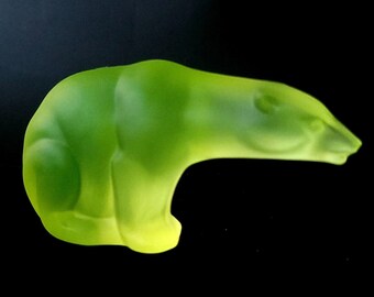 Polar Bear Uranium Glass Figurine. Czech Matte Glass. Polar Bear Ornaments  Vaseline Glass. Satin Art Glass. Glass Animals. Home Decor.