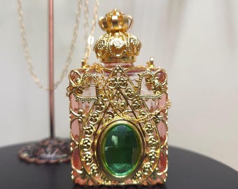 Uranium Glass Cabochon on Perfume Bottle Czech Pink Glass Art Deco Collectible Glass Vial with Chain