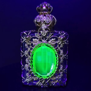 Perfume Bottle with Uranium Glass Cabochon Czech Purple Glass Art Deco Gold Tone Filigree  Collectible Perfume Vial Gift for Collector