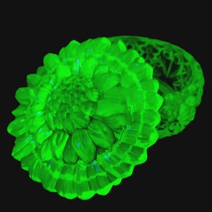Puede incluir: Un joyero redondo de vidrio verde translúcido con una tapa moldeada en forma de una gran flor de múltiples pétalos. La base del recipiente presenta un intrincado patrón de celosía calada con motivos florales interconectados.