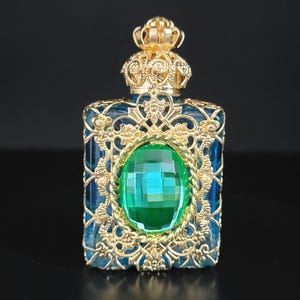 Perfume Bottle with Uranium Glass Cabochon Blue Czech Glass Bottle Filigree Gold Tone Art Deco