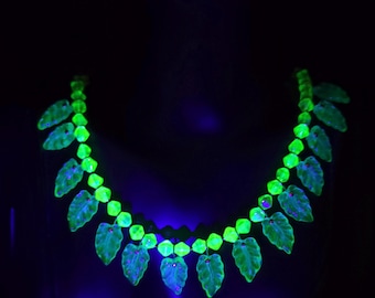 Uranium Glass Necklace Vaseline Yellow and Green Leaf Glass Czech Beads