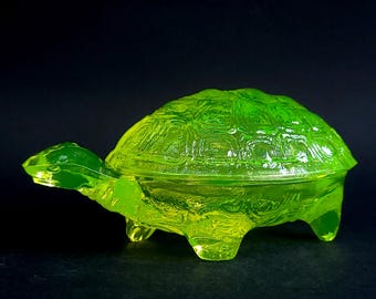 Uranium Glass Box Turtle Figurine: Vaseline Yellow Art Deco Collectible