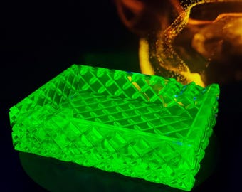 Uranium Vaseline Glass Ashtray: Art Deco Collectible Yellow Glass Two-Cigarette Plate