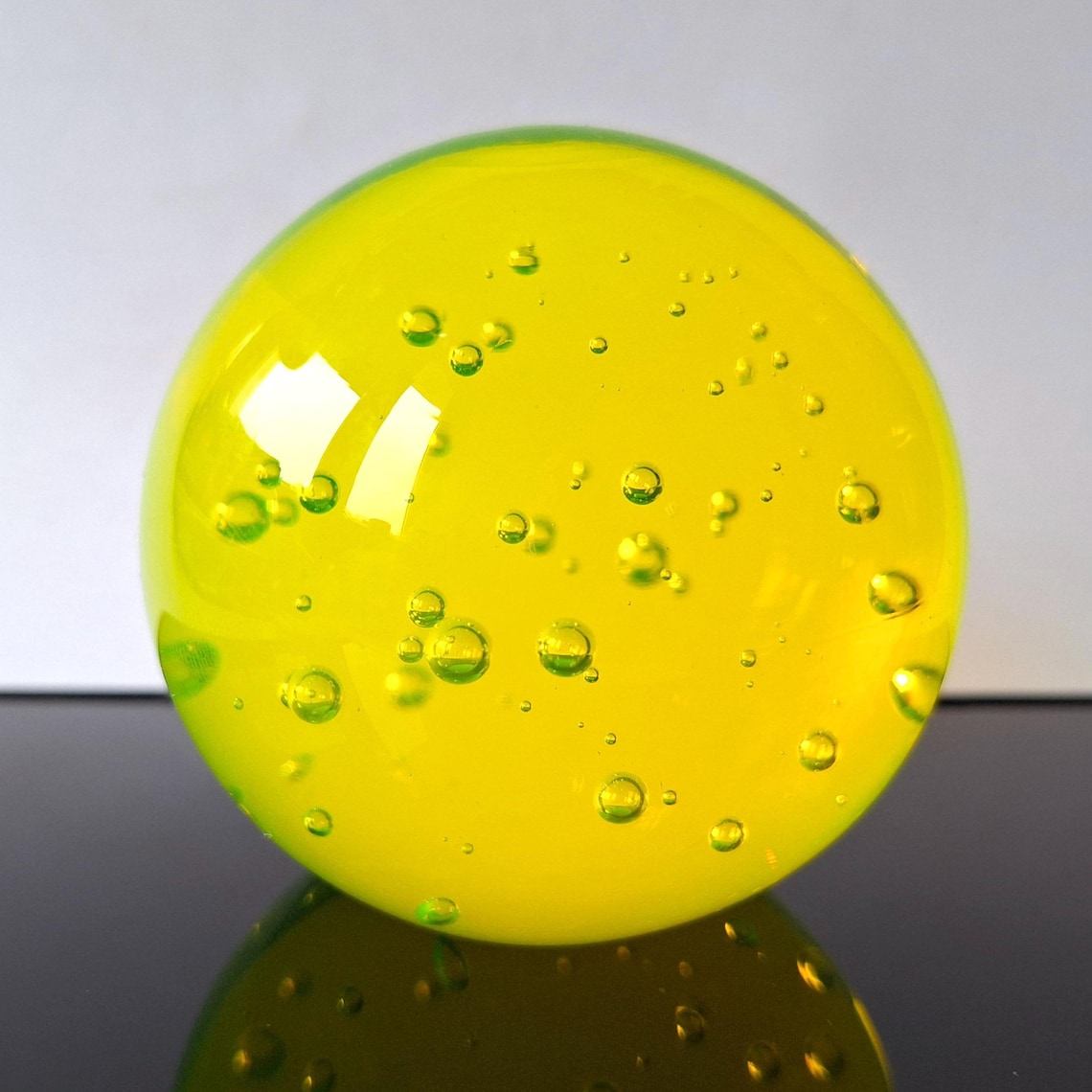 Uranium Glass Vaseline Sphere With Bubbles Depression Yellow Glass Art