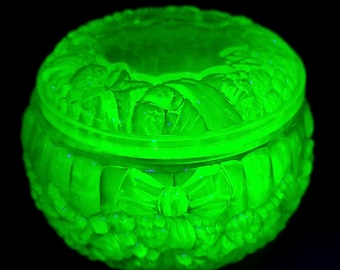 Art Deco Uranium Glass Candy Box Vaseline Yellow Glass Trinket Box Flowers Pattern